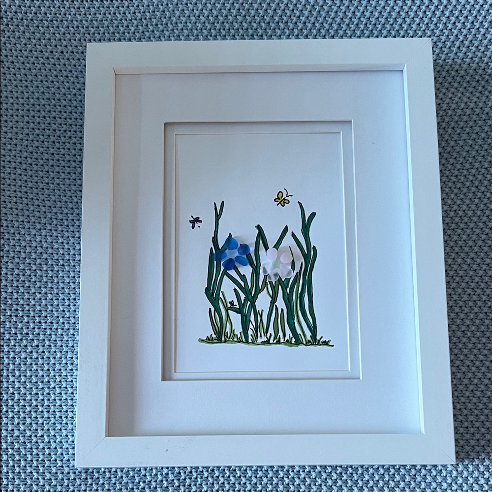 Framed Floral Artwork with Blue and Green Sea Glass